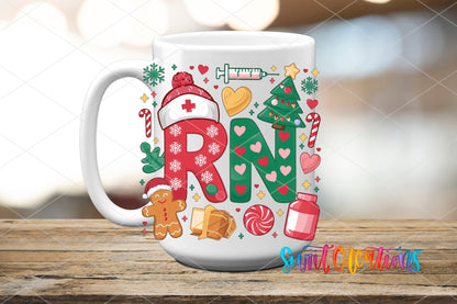 RN Christmas Nurse UV DTF transfer on a white ceramic coffee mug