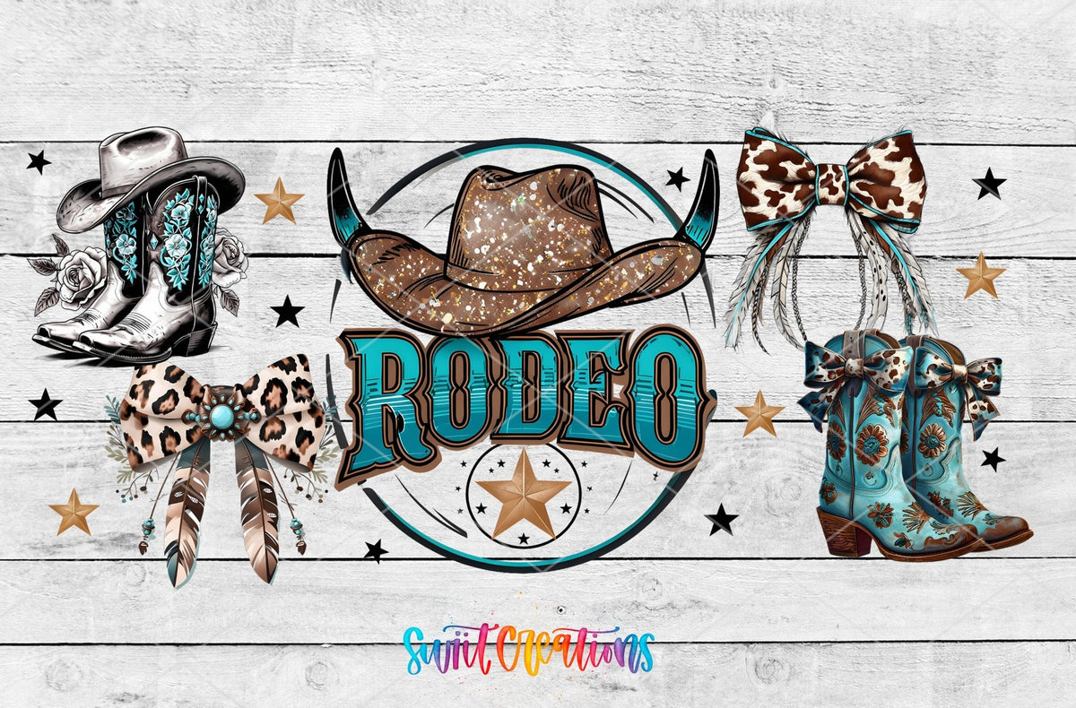 Rodeo UV DTF full wrap artwork on a white wood background