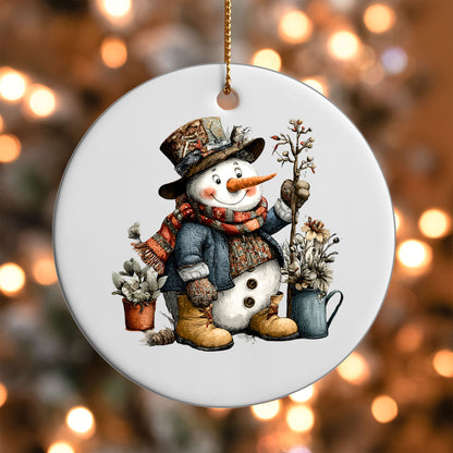 Rustic Country Snowman ornament UV DTF transfer on a round white ornament with a bokeh light background