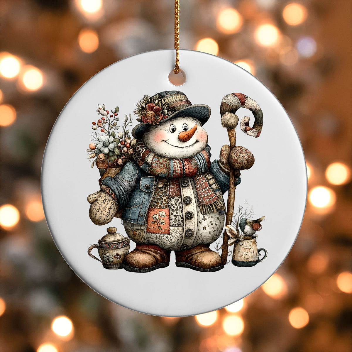 Rustic Patchwork Snowman ornament UV DTF transfer on a round white ornament with a bokeh light background