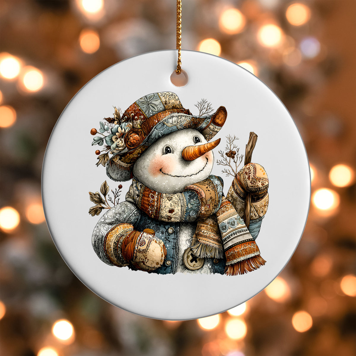 Rustic Patchwork Snowman ornament UV DTF transfer on a round white ornament with a bokeh light background