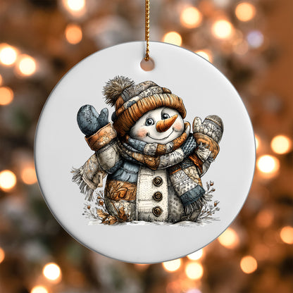 Rustic Patchwork Snowman ornament UV DTF transfer on a round white ornament with a bokeh light background