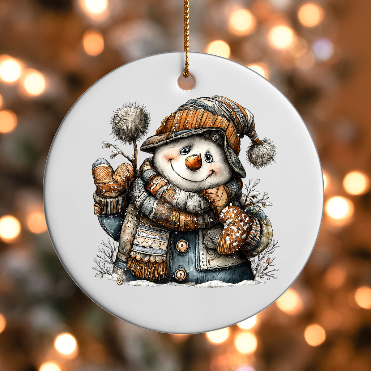 Rustic Patchwork Snowman ornament UV DTF transfer on a round white ornament with a bokeh light background