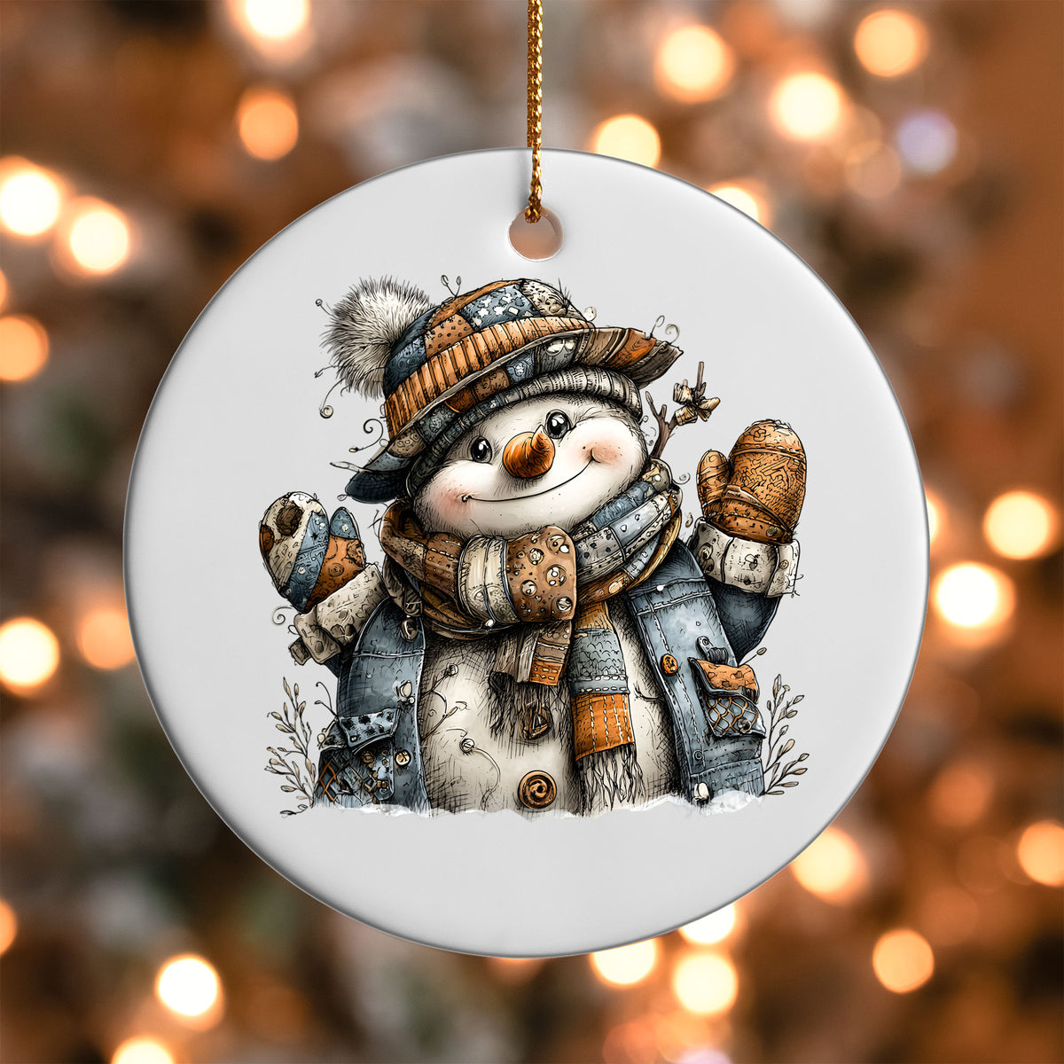 Rustic Patchwork Snowman ornament UV DTF transfer on a round white ornament with a bokeh light background