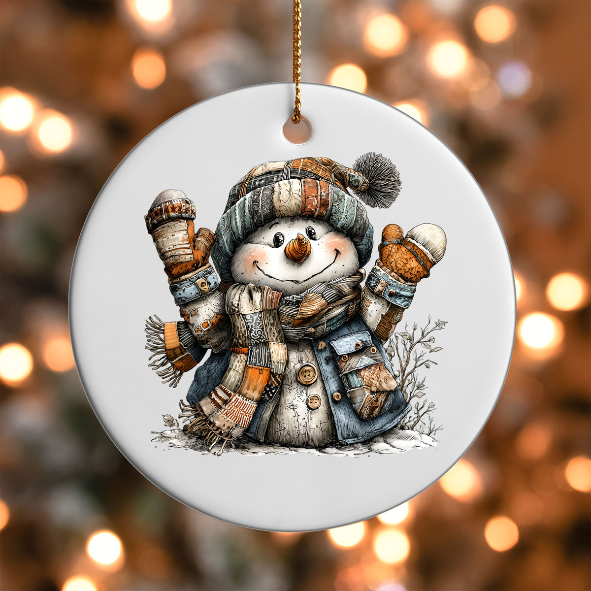 Rustic Patchwork Snowman ornament UV DTF transfer on a round white ornament with a bokeh light background