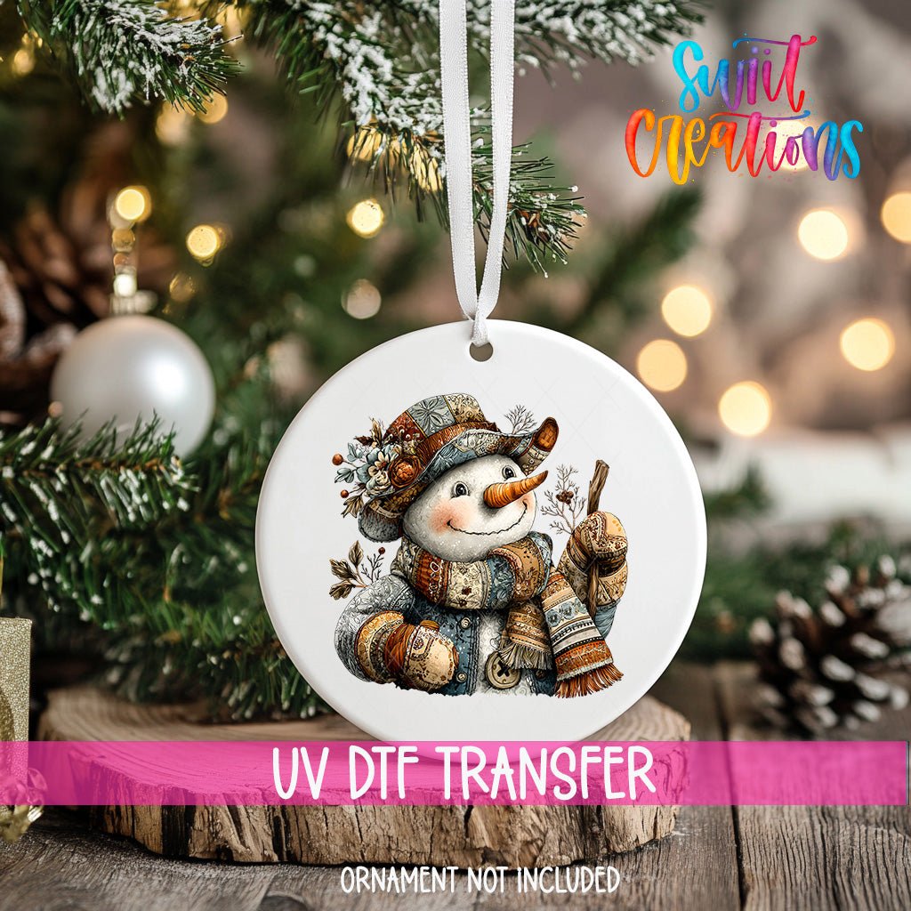 Rustic Patchwork Snowman UV DTF Ornament Transfer | O-1897 - Swiit Creations