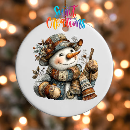Close-up of the Rustic Patchwork Snowman UV DTF transfer on a round white ornament