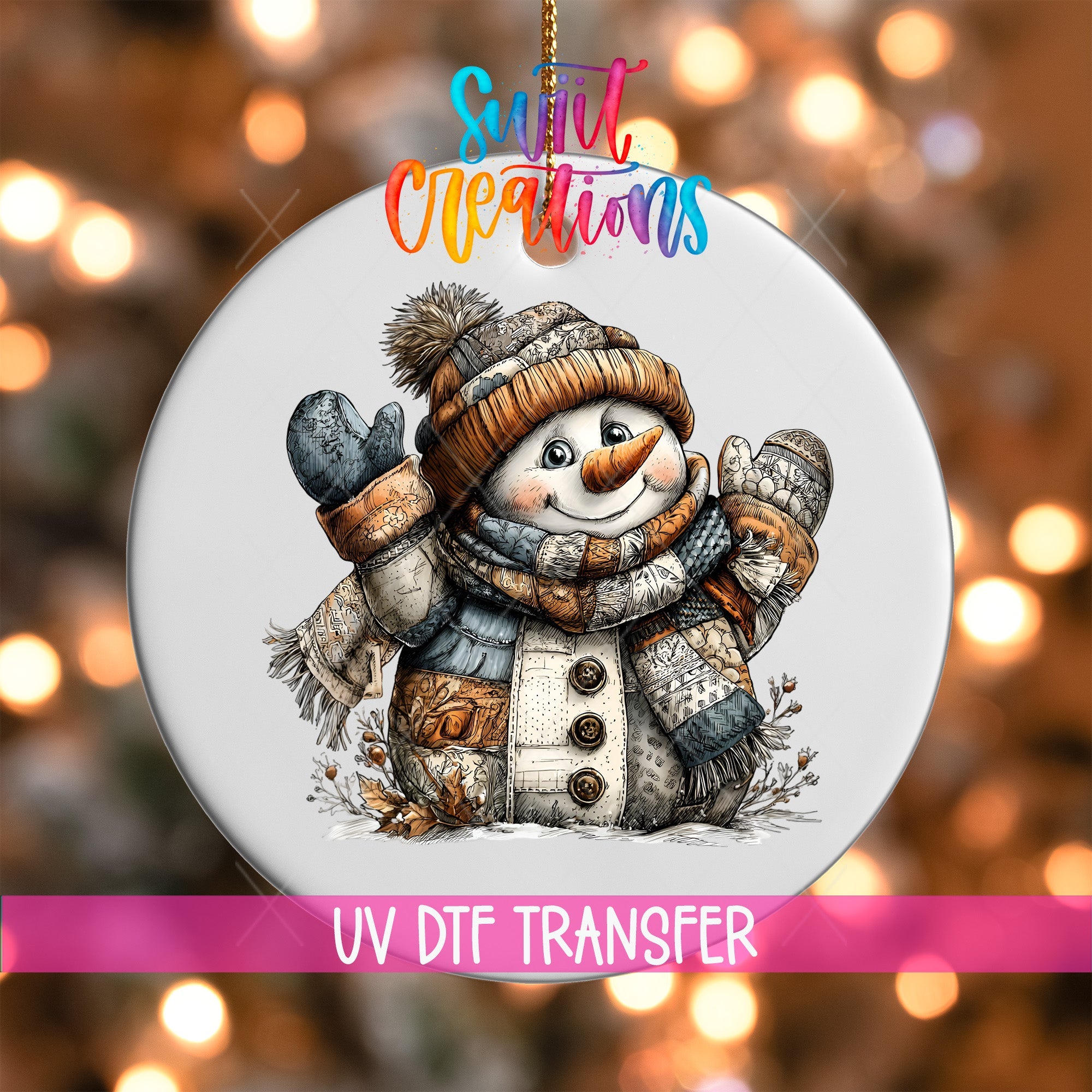 Rustic Patchwork Snowman UV DTF Ornament Transfer | O-1898 - Swiit Creations