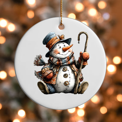 Rustic Snowman with Walking Stick ornament UV DTF transfer on a round white ornament with a bokeh light background