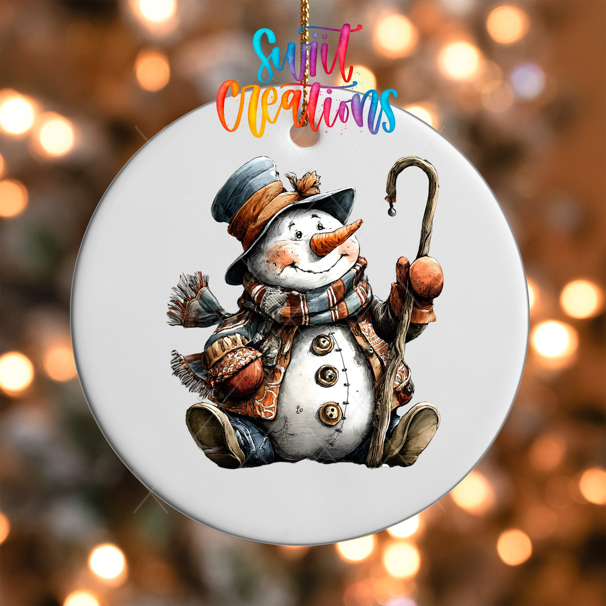 Close-up of the Rustic Snowman with Walking Stick UV DTF transfer on a round white ornament