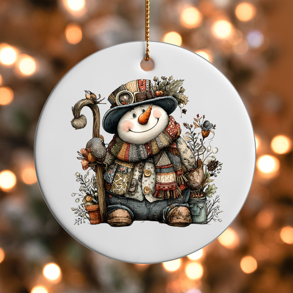 Rustic Vintage Snowman ornament UV DTF transfer on a round white ornament with a bokeh light background