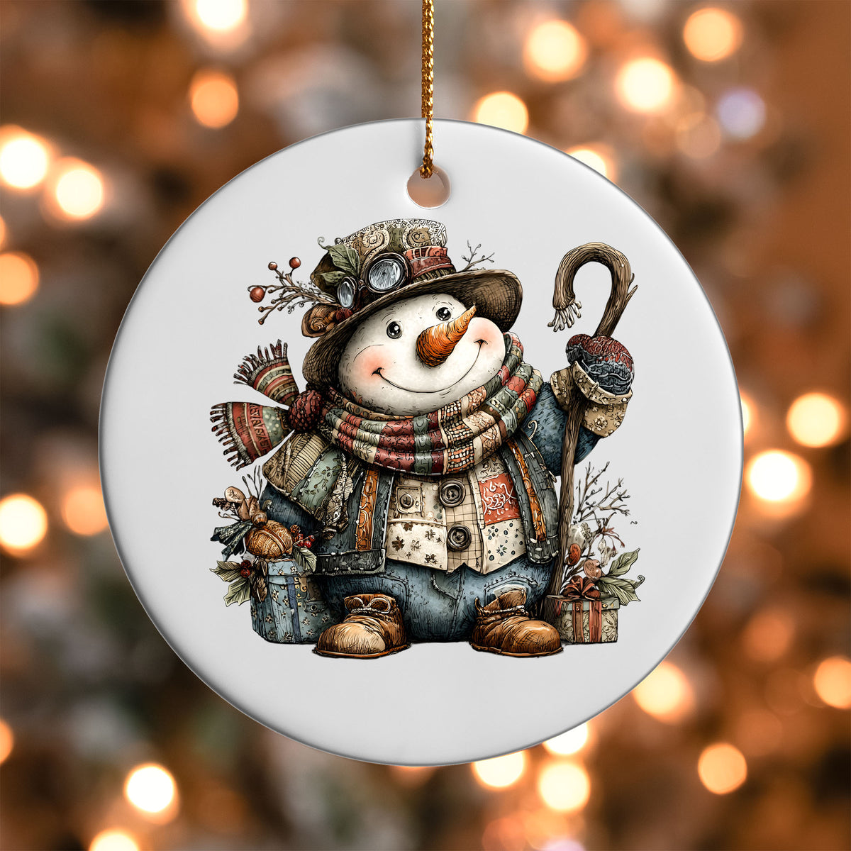 Rustic Vintage Snowman ornament UV DTF transfer on a round white ornament with a bokeh light background