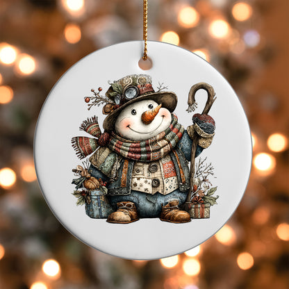 Rustic Vintage Snowman ornament UV DTF transfer on a round white ornament with a bokeh light background