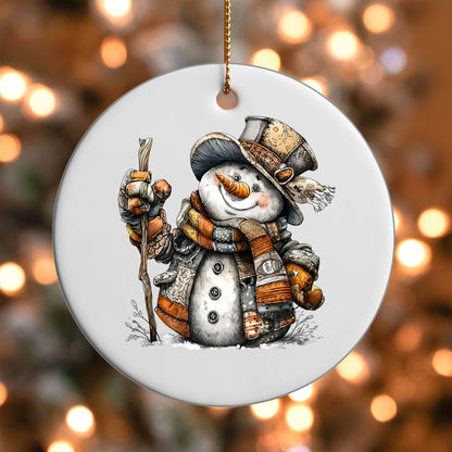 Rustic Vintage Snowman ornament UV DTF transfer on a round white ornament with a bokeh light background
