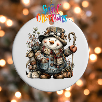 Close-up of the Rustic Vintage Snowman UV DTF transfer on a round white ornament