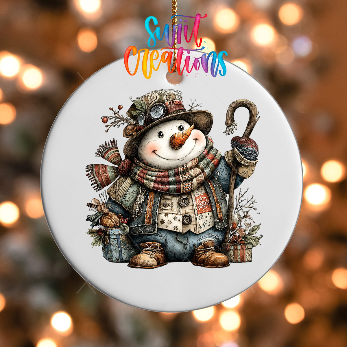 Close-up of the Rustic Vintage Snowman UV DTF transfer on a round white ornament