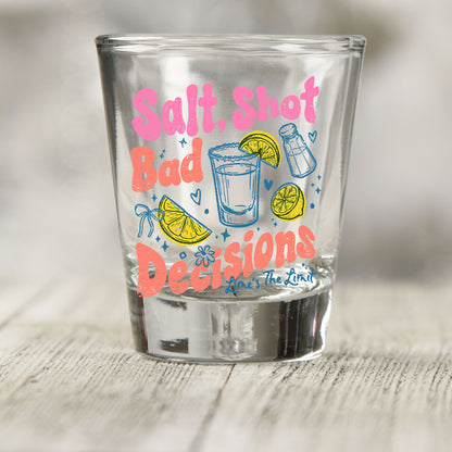 Salt Shot Bad Decisions shot glass UV DTF transfer with shot glass, lemon slices, and salt shaker details on a clear shot glass