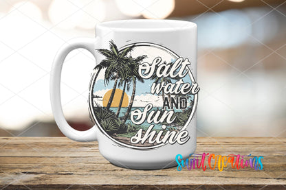 Salt Water and Sunshine vintage beach circle UV DTF transfer on a white ceramic coffee mug