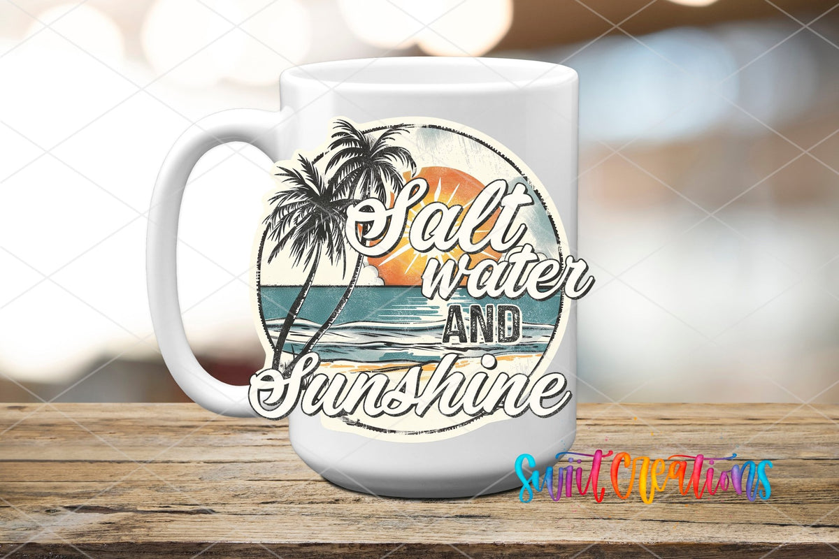 Salt Water and Sunshine retro sunset circle UV DTF transfer on a white ceramic coffee mug