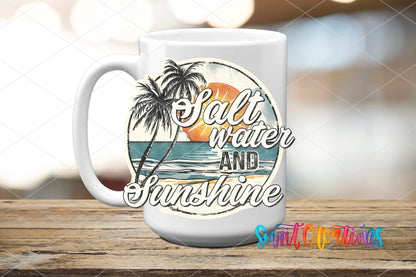 Salt Water and Sunshine retro sunset circle UV DTF transfer on a white ceramic coffee mug