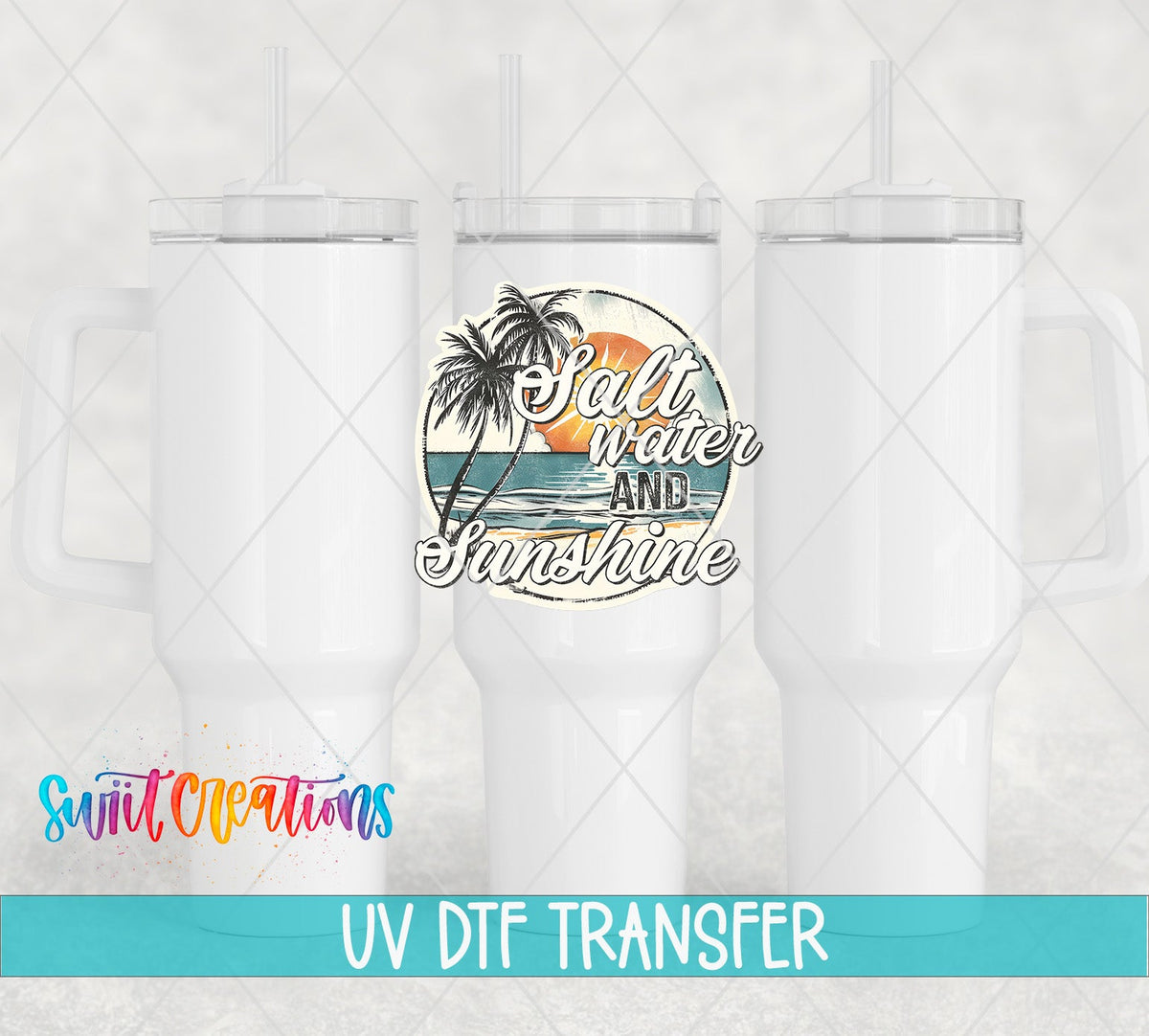 Salt Water and Sunshine retro sunset circle UV DTF transfer on white 40 oz tumblers