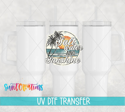 Salt Water and Sunshine retro sunset circle UV DTF transfer on white 40 oz tumblers