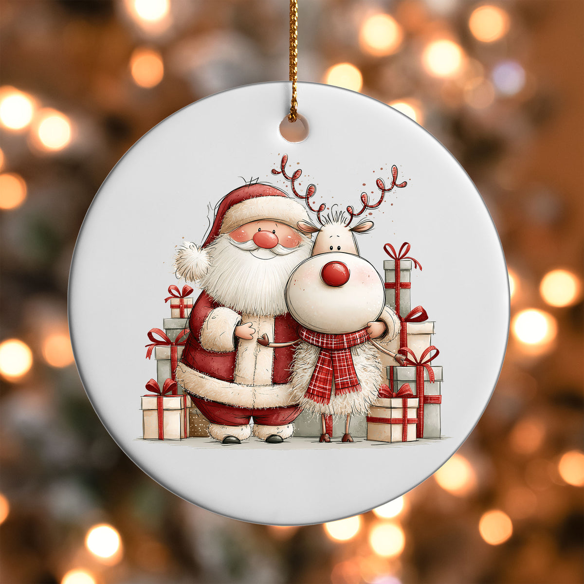 Santa and Reindeer Gifts ornament UV DTF transfer on a round white ornament with a bokeh light background