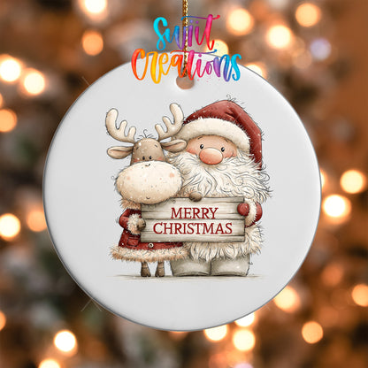 Close-up of the Santa and Reindeer Greeting UV DTF transfer on a round white ornament