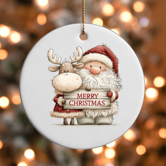 Santa and Reindeer Greeting ornament UV DTF transfer on a round white ornament with a bokeh light background