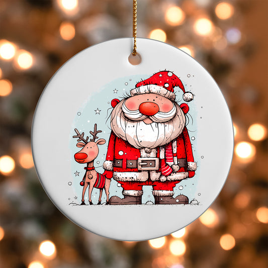 Santa and Reindeer ornament UV DTF transfer on a round white ornament with a bokeh light background
