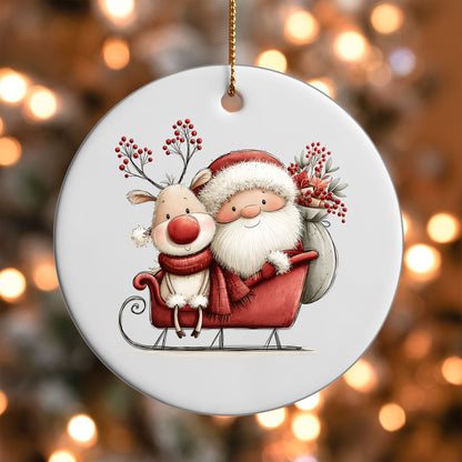 Santa and Reindeer Sleigh ornament UV DTF transfer on a round white ornament with a bokeh light background