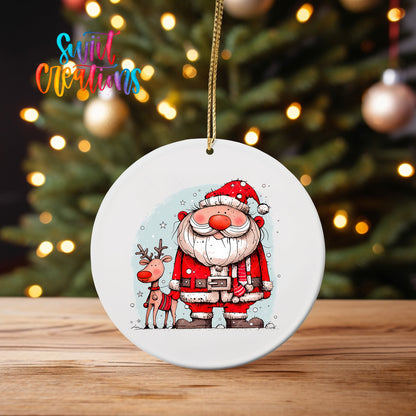 Santa and Reindeer ornament UV DTF transfer on an ornament on a wooden table with tree lights behind it