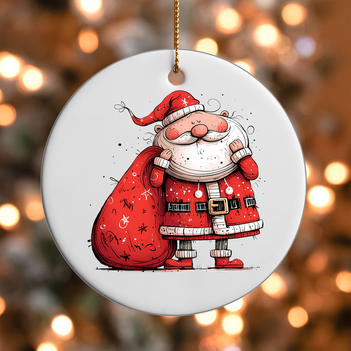 Santa Carrying Gift Sack ornament UV DTF transfer on a round white ornament with a bokeh light background