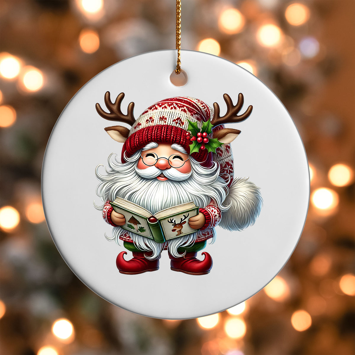 Santa Gnome Reading ornament UV DTF transfer on a round white ornament with a bokeh light background