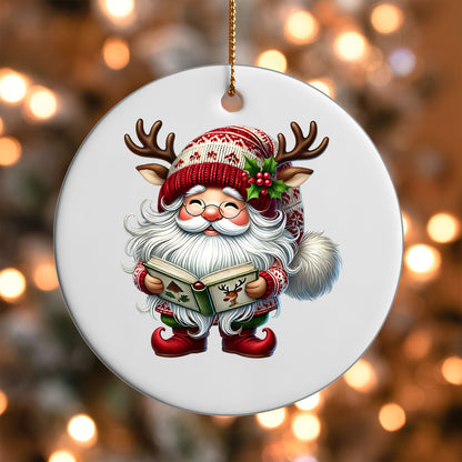 Santa Gnome Reading ornament UV DTF transfer on a round white ornament with a bokeh light background