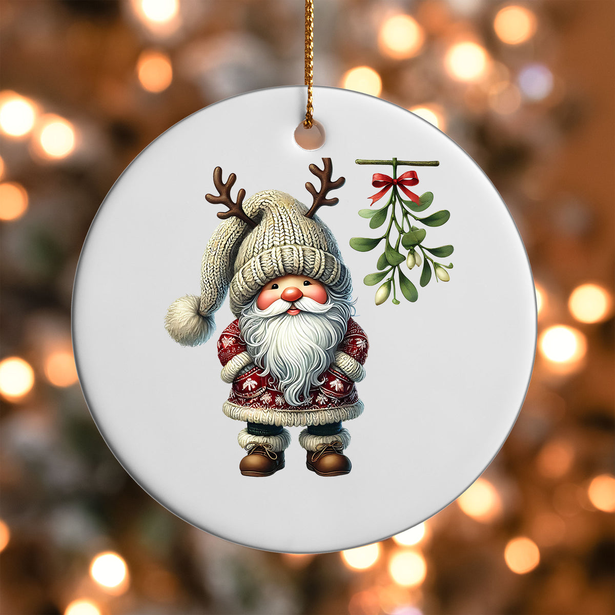 Santa Gnome Under Mistletoe ornament UV DTF transfer on a round white ornament with a bokeh light background