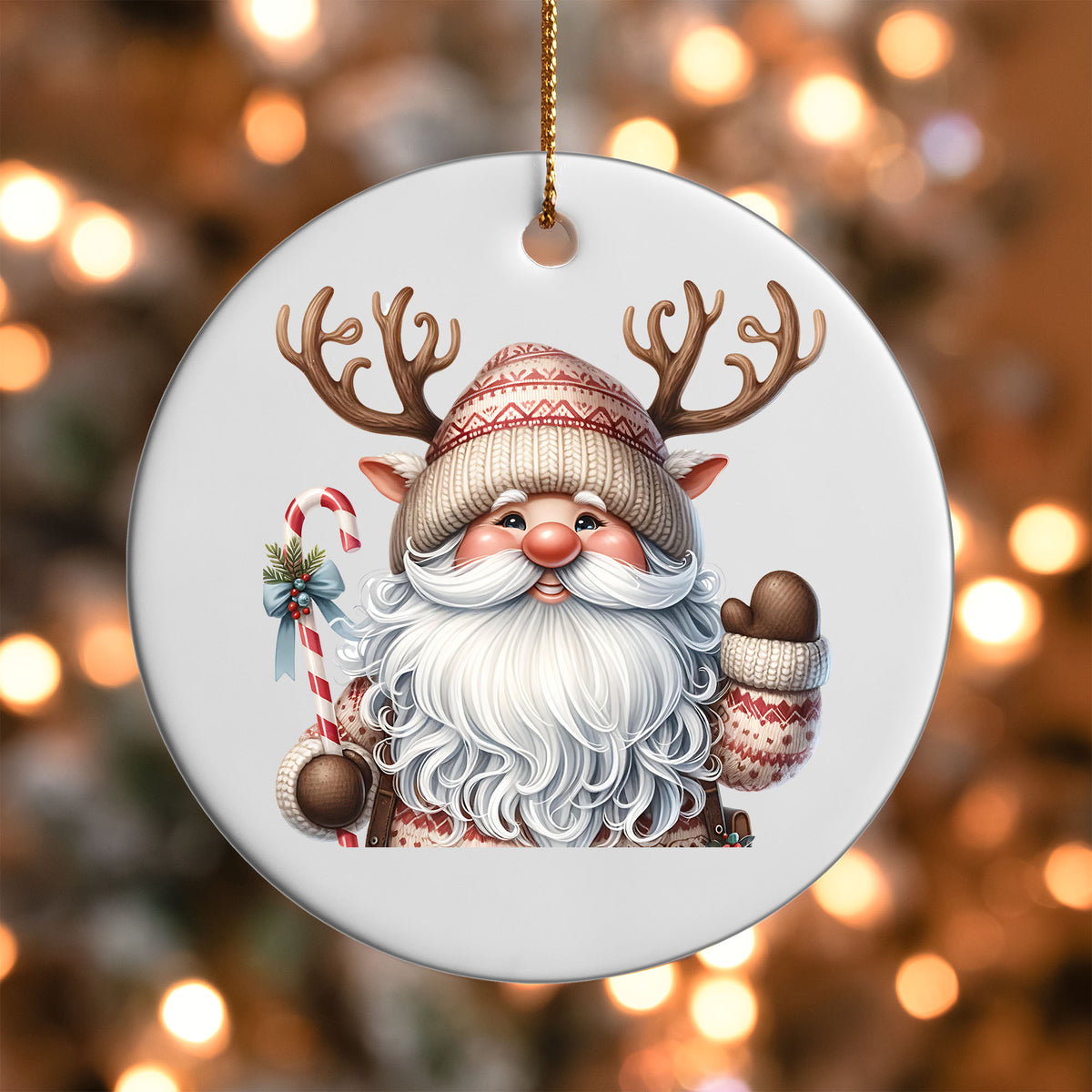 Santa Gnome with Antlers ornament UV DTF transfer on a round white ornament with a bokeh light background