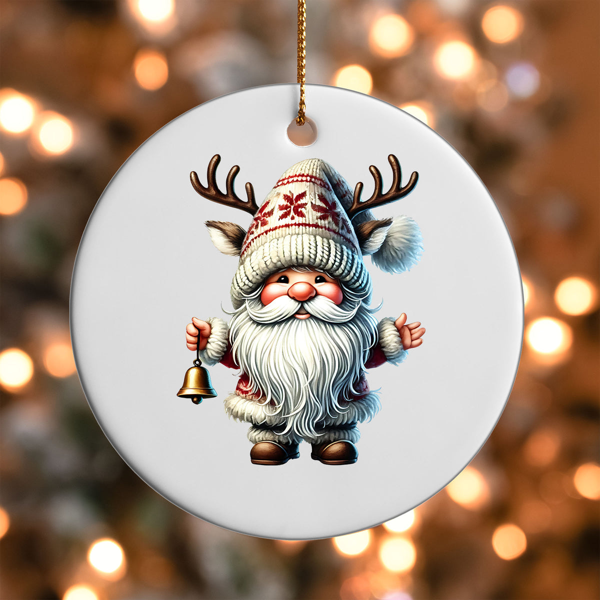 Santa Gnome with Bell ornament UV DTF transfer on a round white ornament with a bokeh light background
