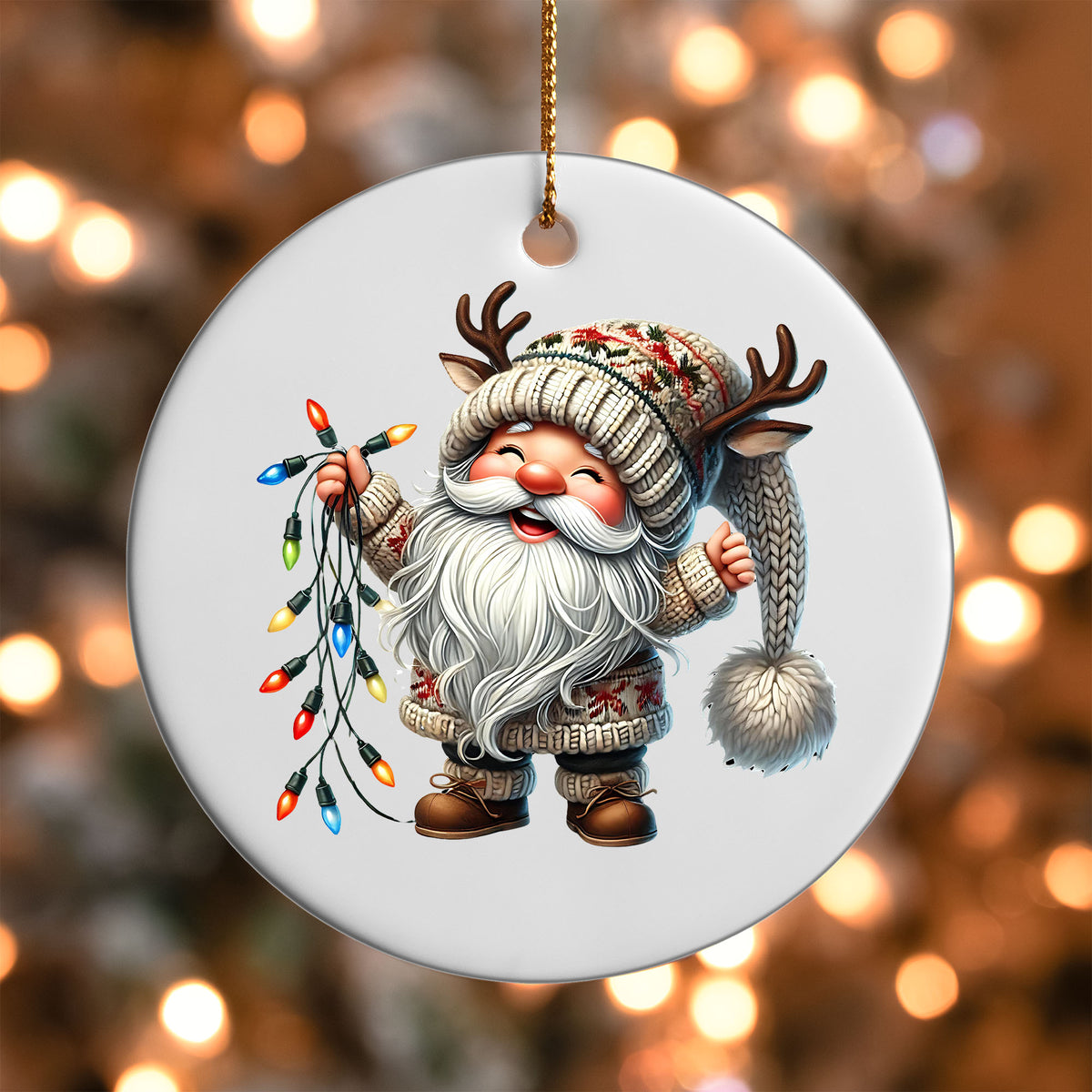 Santa Gnome with Lights ornament UV DTF transfer on a round white ornament with a bokeh light background