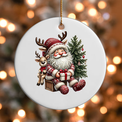 Santa Gnome with Reindeer ornament UV DTF transfer on a round white ornament with a bokeh light background