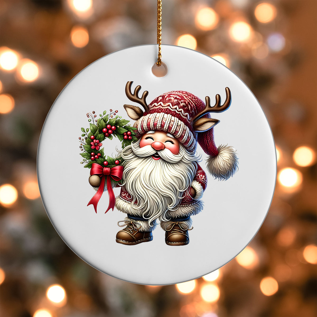 Santa Gnome with Wreath ornament UV DTF transfer on a round white ornament with a bokeh light background