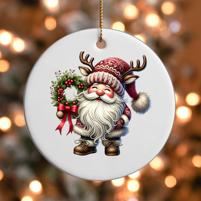 Santa Gnome with Wreath ornament UV DTF transfer on a round white ornament with a bokeh light background