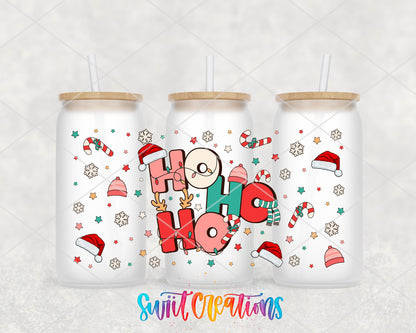 Ho Ho Ho Santa Hats UV DTF wrap on three frosted glass cans