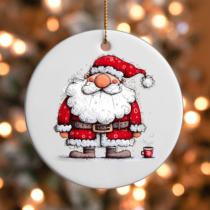 Santa Holding Cocoa ornament UV DTF transfer on a round white ornament with a bokeh light background