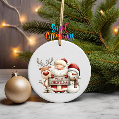 Santa Reindeer and Snowman ornament UV DTF transfer on a hanging ornament with pine branches and a gold bauble