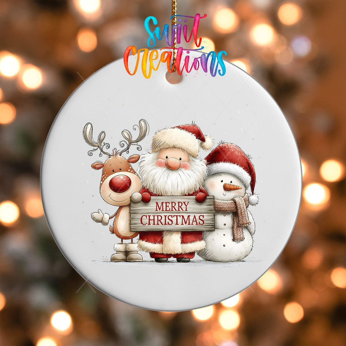 Close-up of the Santa Reindeer and Snowman UV DTF transfer on a round white ornament