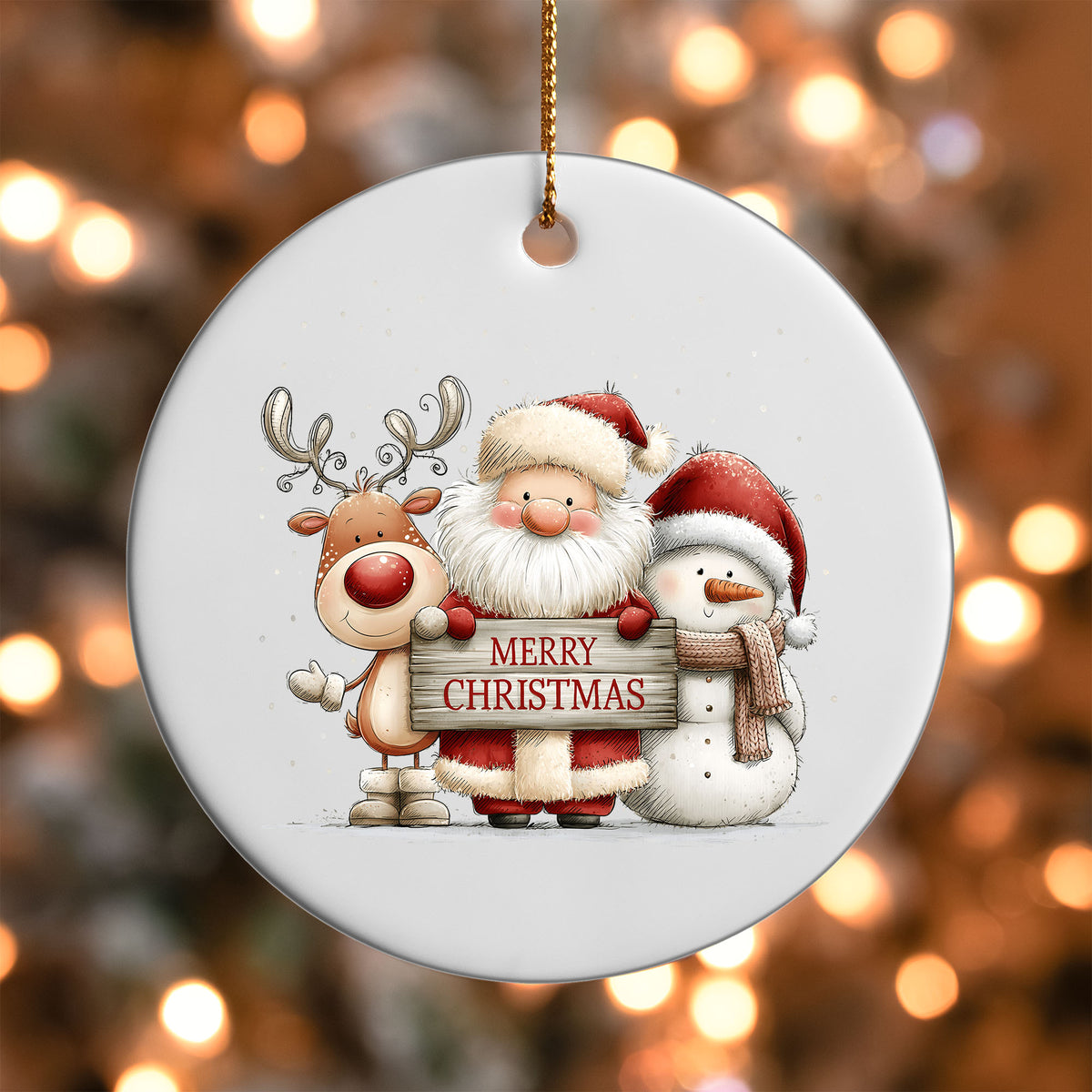Santa Reindeer and Snowman ornament UV DTF transfer on a round white ornament with a bokeh light background