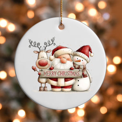 Santa Reindeer and Snowman ornament UV DTF transfer on a round white ornament with a bokeh light background