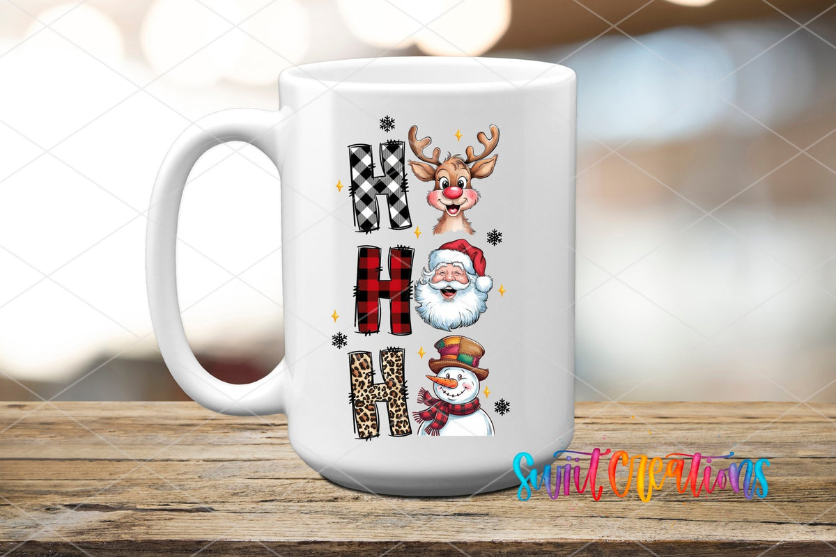 Ho Ho Ho Santa Reindeer Snowman UV DTF transfer on a white ceramic coffee mug