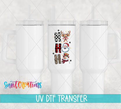Ho Ho Ho Santa Reindeer Snowman UV DTF transfer on white 40 oz tumblers